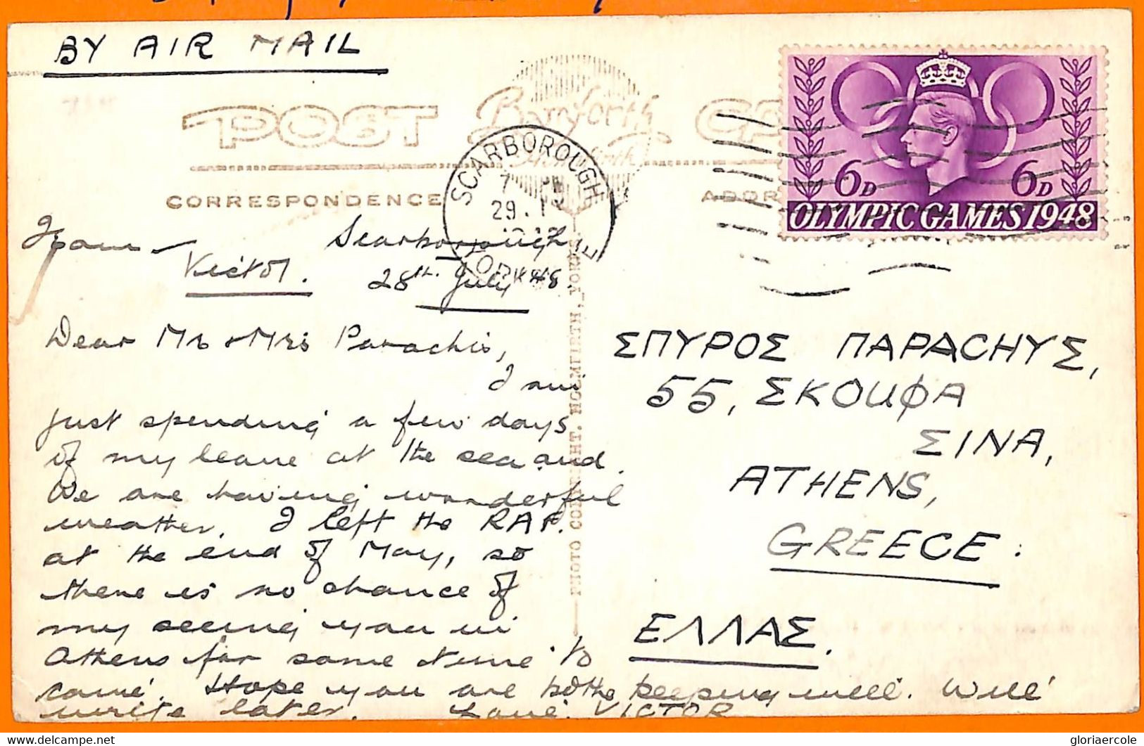 Aa2814 - GB - POSTAL HISTORY - 1948  Olympic Games 6p On CARD - 1st Day Of GAMES - Sommer 1948: London