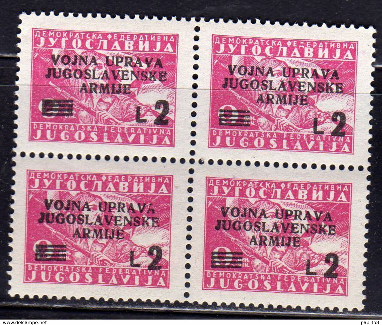 ISTRIA E LITORALE SLOVENO 1947 FRANCOBOLLI DI YUGOSLAVIA LIRE 2 SU 9d QUARTINA BLOCK MNH - Occ. Yougoslave: Littoral Slovène