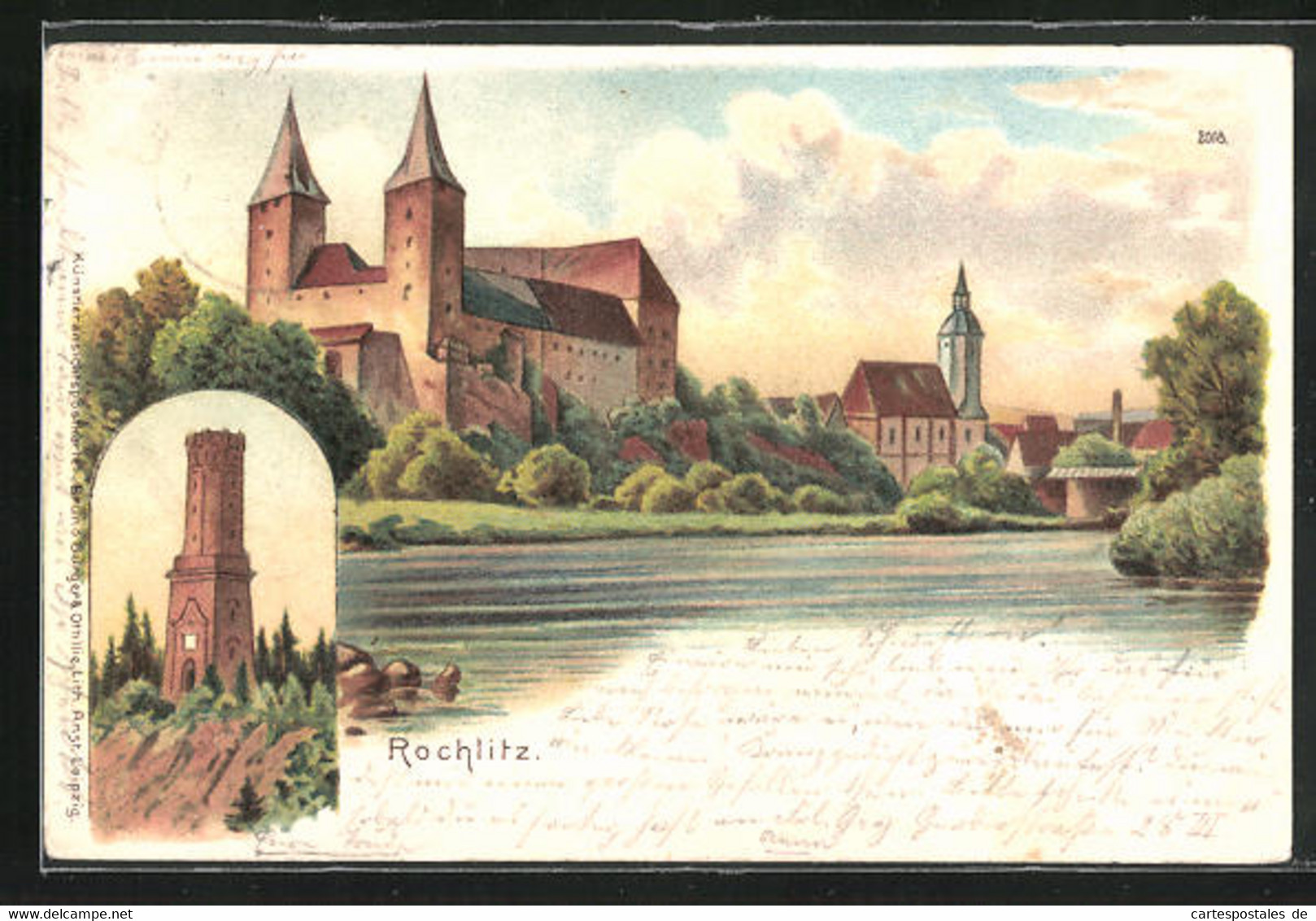 Lithographie Rochlitz, Denkmal Und Teilansicht Mit Kirche & Schloss - Rochlitz