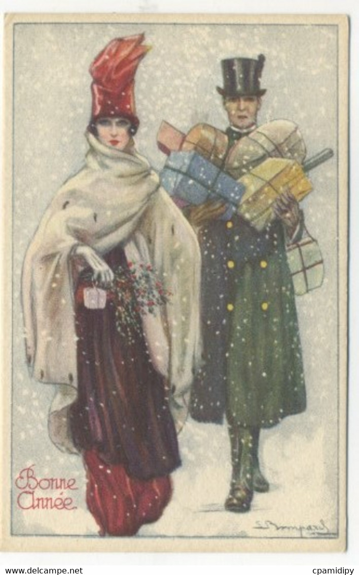 ILLUSTRATEUR - S. BOMPARD - Bonne Année - Couple élégants Avec Cadeaux Dans La Neige (ART DECO/FASHION CHIC) - Bompard, S.