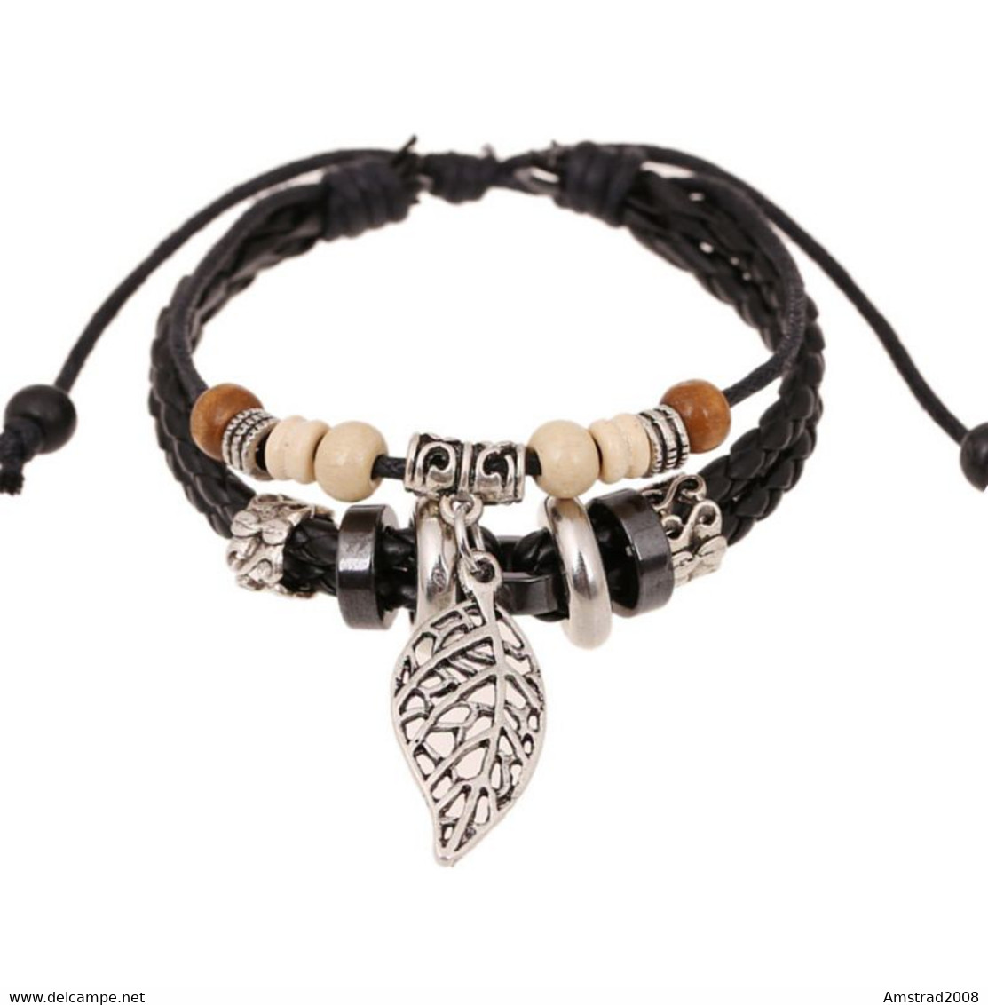 REGOLABILE MULTILAYER NERO ECOPELLE CORDA FOGLIA BRACCIALE GIOIELLI UNISEX B - Armbanden