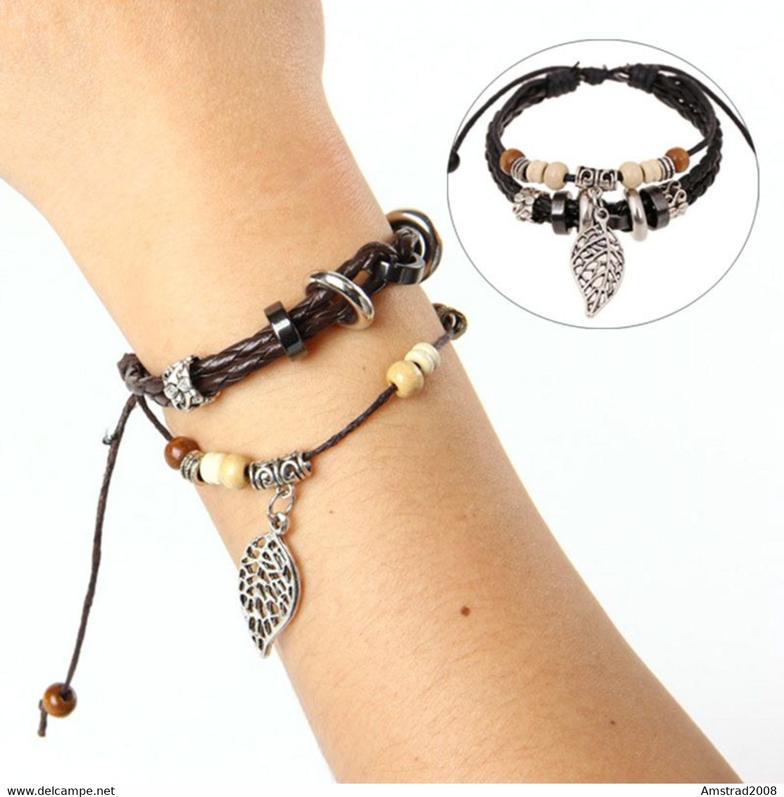 REGOLABILE MULTILAYER NERO ECOPELLE CORDA FOGLIA BRACCIALE GIOIELLI UNISEX B - Pulseras