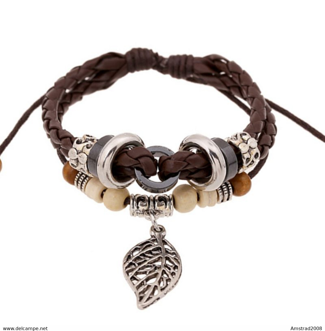 REGOLABILE MULTILAYER MARRONE ECOPELLE CORDA FOGLIA BRACCIALE GIOIELLI UNISEX B - Armbanden