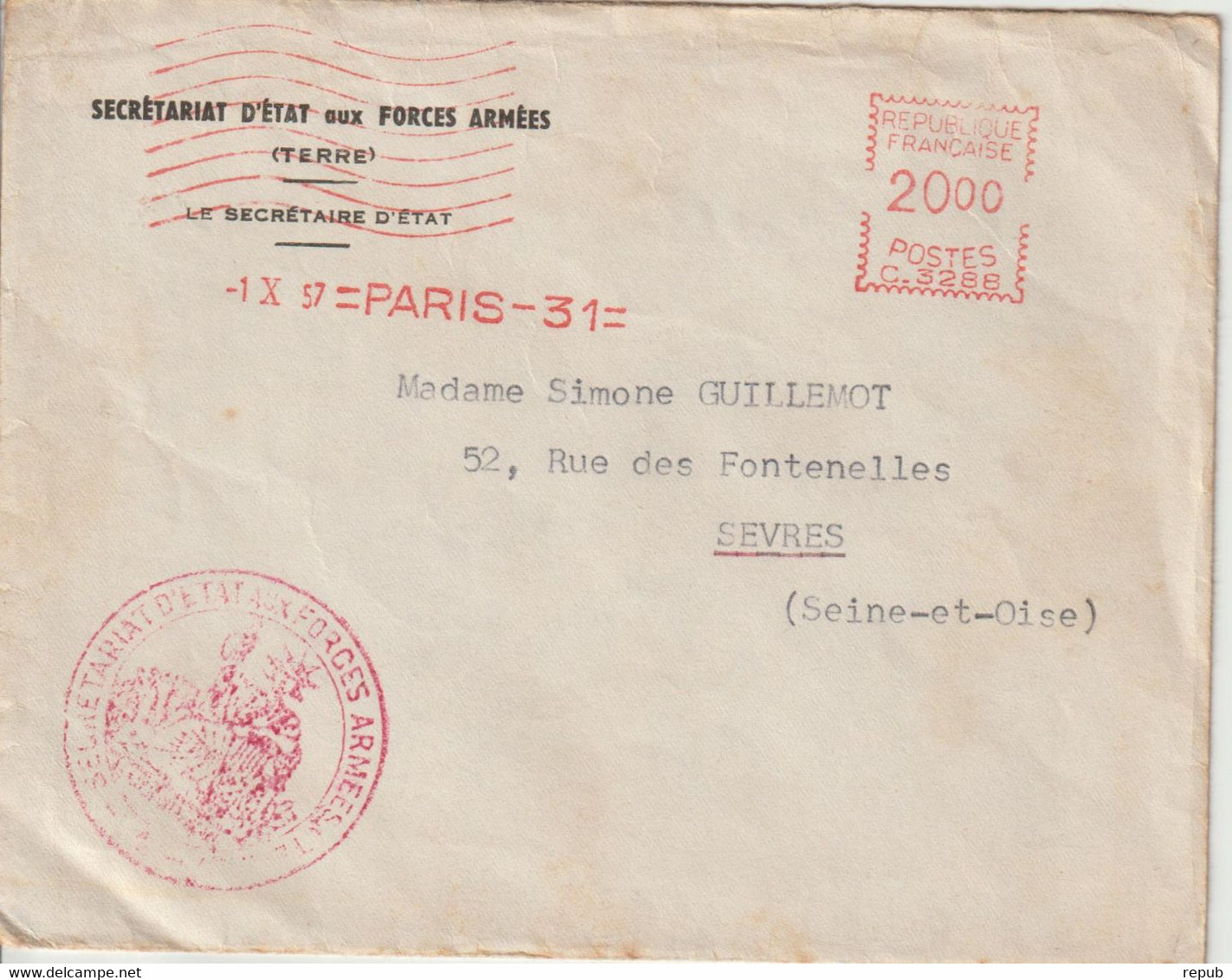 France 1957 EMA Paris 31 Entete Et Cachet Forces Armées Terre - EMA (Print Machine)