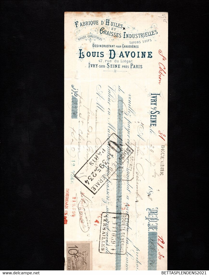 IVRY SUR SRINE - Lettre De Change 1898 - Fabrique D'Huiles Et Graisses Industrielles - Louis DAVOINE - Bills Of Exchange