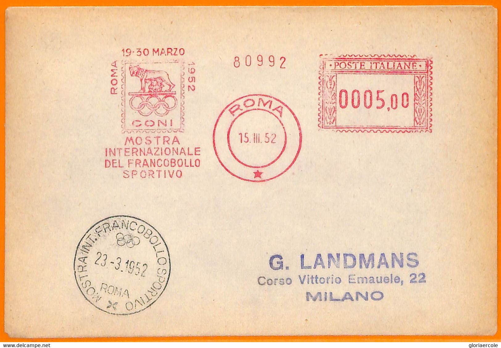 Aa2845 - ITALY  - POSTAL HISTORY - Mechanical SPECIAL POSTMARK  1952 Olympics - Sommer 1952: Helsinki