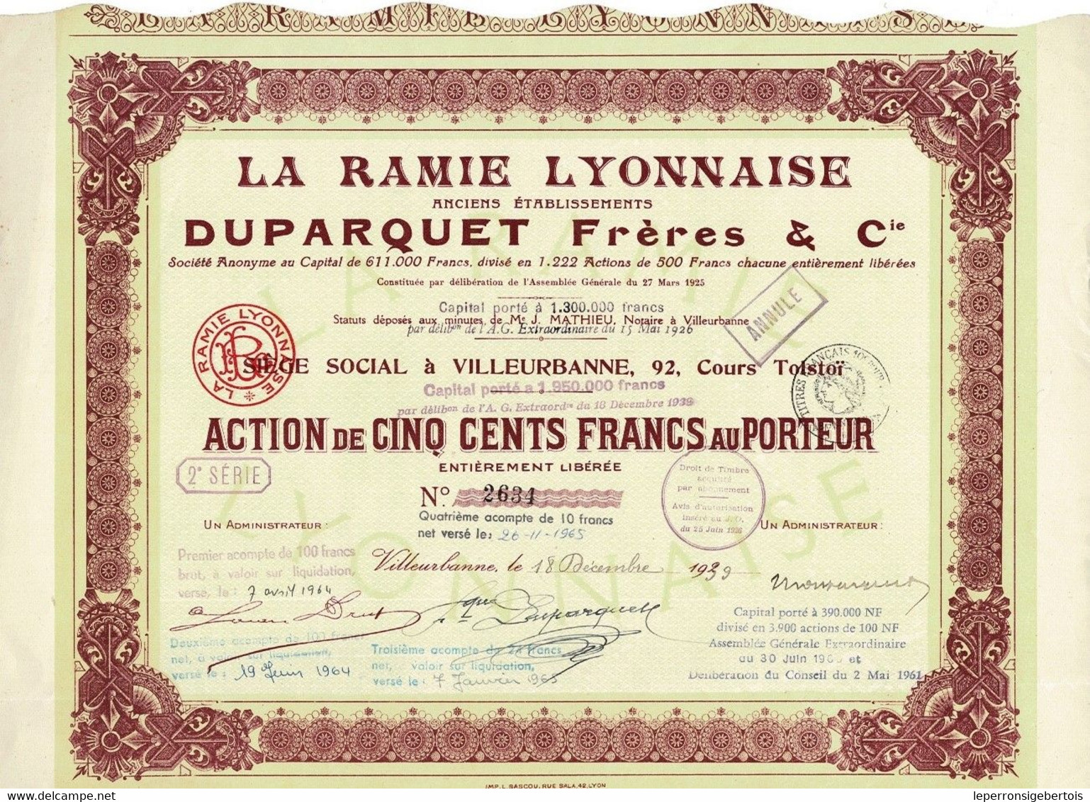Titre Ancien - La Ramie Lyonnaise - Anciens Etablissements Duparquet Frères & Cie - Société Anonyme - Titre De 1939 - - Textile