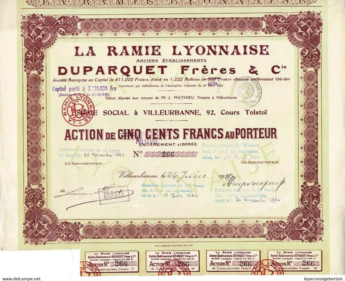 Titre Ancien - La Ramie Lyonnaise - Anciens Etablissements Duparquet Frères & Cie - Société Anonyme - Titre De 1925 - - Textile