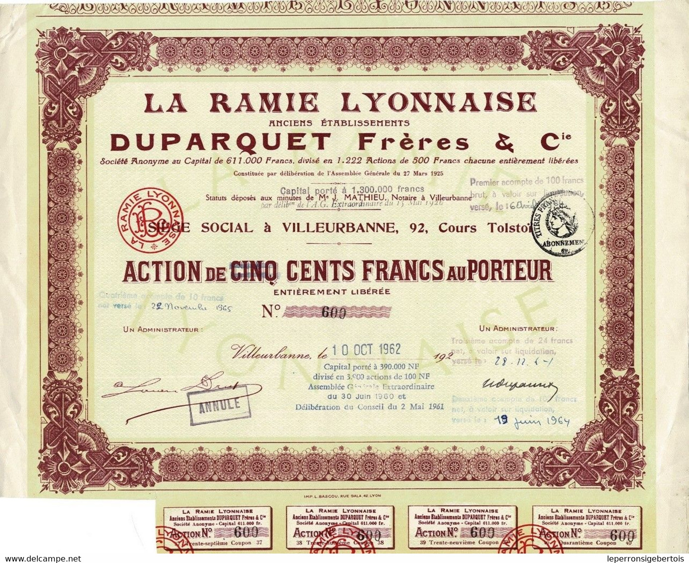 Titre Ancien - La Ramie Lyonnaise - Anciens Etablissements Duparquet Frères & Cie - Société Anonyme - Titre De 1962 - - Textile