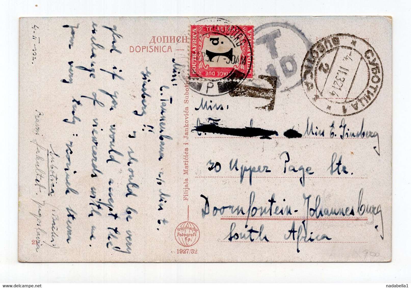 1932 SOUTH AFRICA,JOHANNESBURG,POSTAGE DUE 1D,NO STAMP,YUGOSLAVIA,SUBOTICA PALIC,POSTCARD,USED - Segnatasse