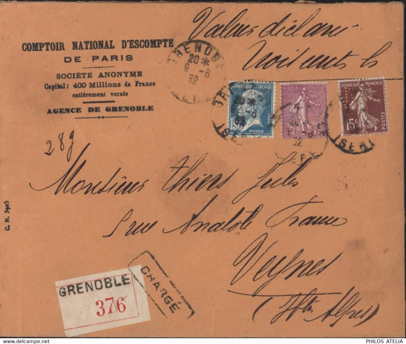 Recommandé Grenoble Chargé  YT 181 189 202 Perforation C.N. Comptoir National (Escompte Paris) + Cachet Cire CNEP - Sonstige & Ohne Zuordnung