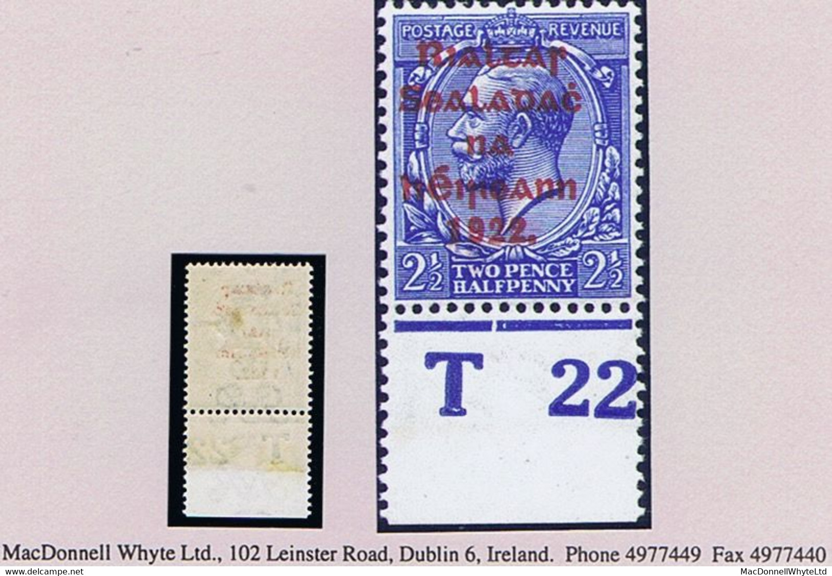 Ireland 1922 Thom Rialtas Ovpt In Red On 2½d Control T22 Perf Mint Hinged, Slight Stain. - Unused Stamps