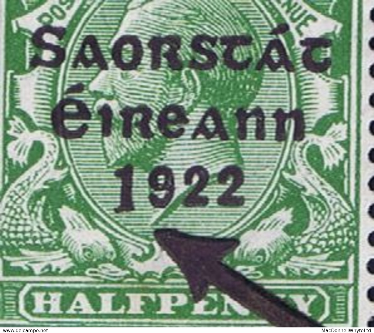 Ireland 1923 Harrison Saorstat Coils ½d Green Variety "Long 1 In 1922" Top Stamp Of Vertical Pair Mint, Slight Stain - Unused Stamps