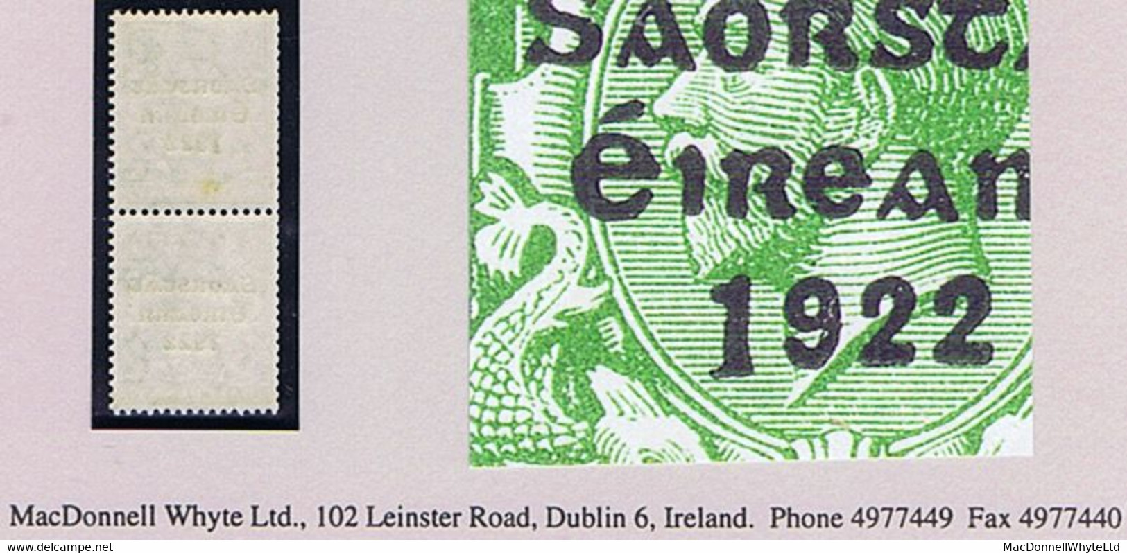 Ireland 1923 Harrison Saorstat Coils ½d Green Variety "Long 1 In 1922" Top Stamp Of Vertical Pair Mint, Slight Stain - Unused Stamps