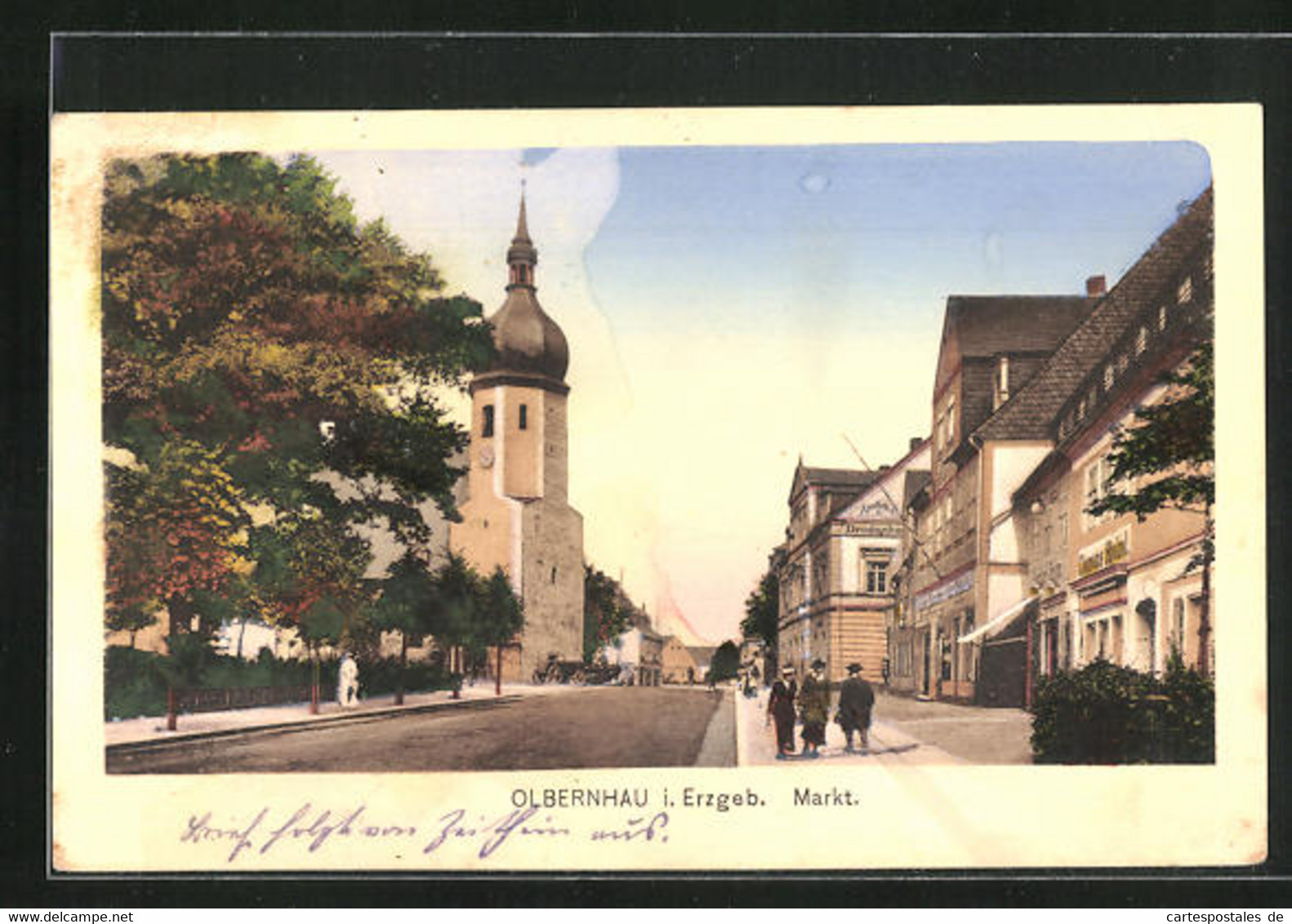 AK Olbernhau I. Erzgeb., Markt Mit Geschäften Und Kirche - Olbernhau