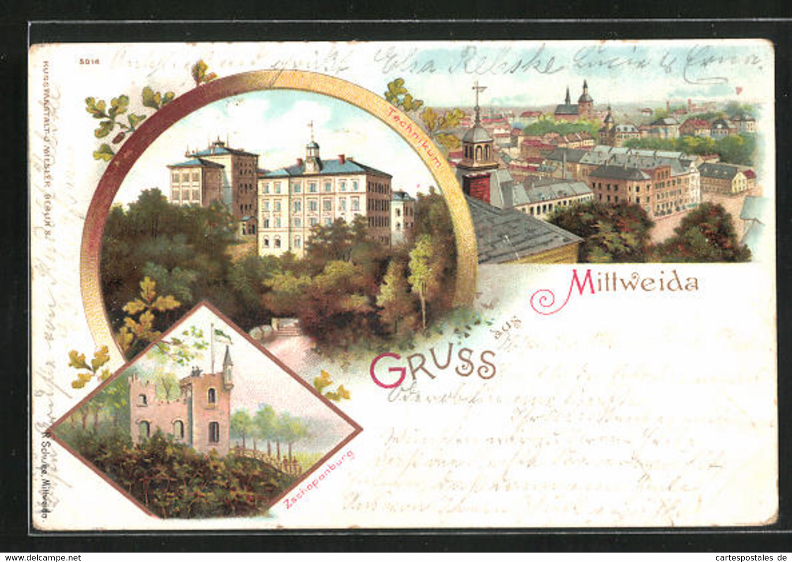 Lithographie Mittweida, Ortsansicht, Technikum, Zschopauburg - Zschopau