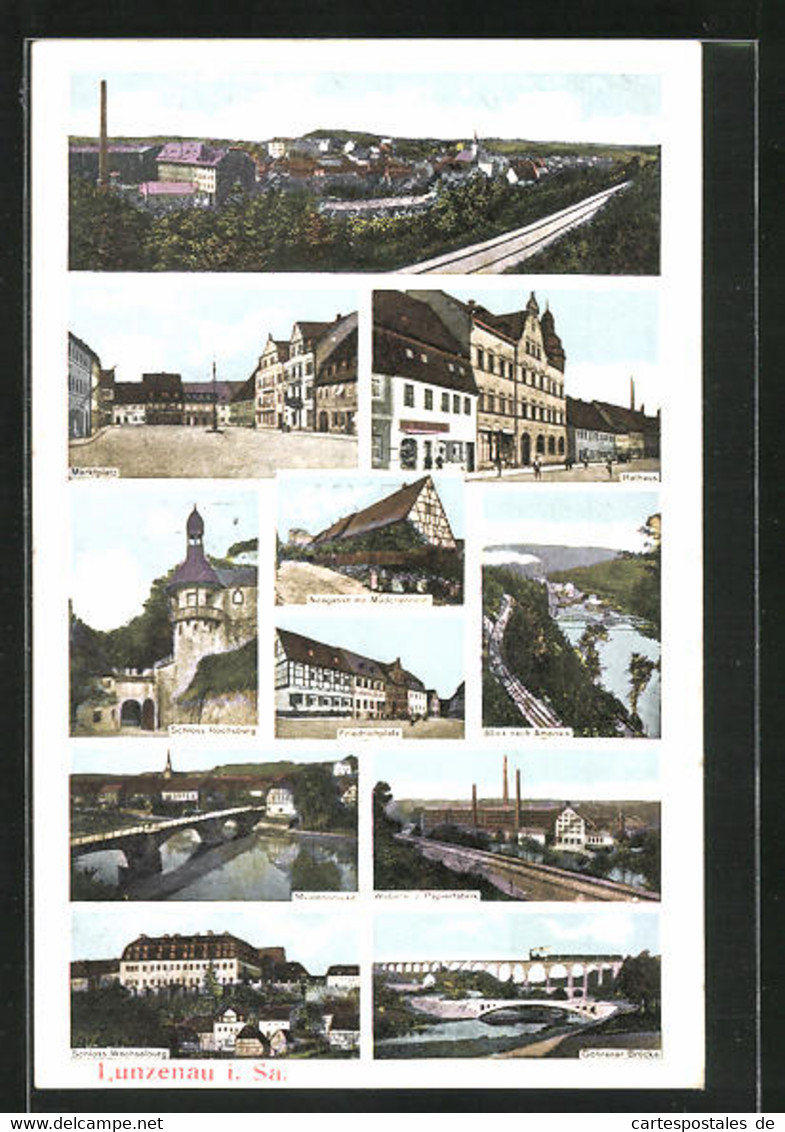AK Lunzenau I. Sa., Schloss Rochsburg, Marktplatz, Rathaus, Weberei Und Papierfabrik - Lunzenau