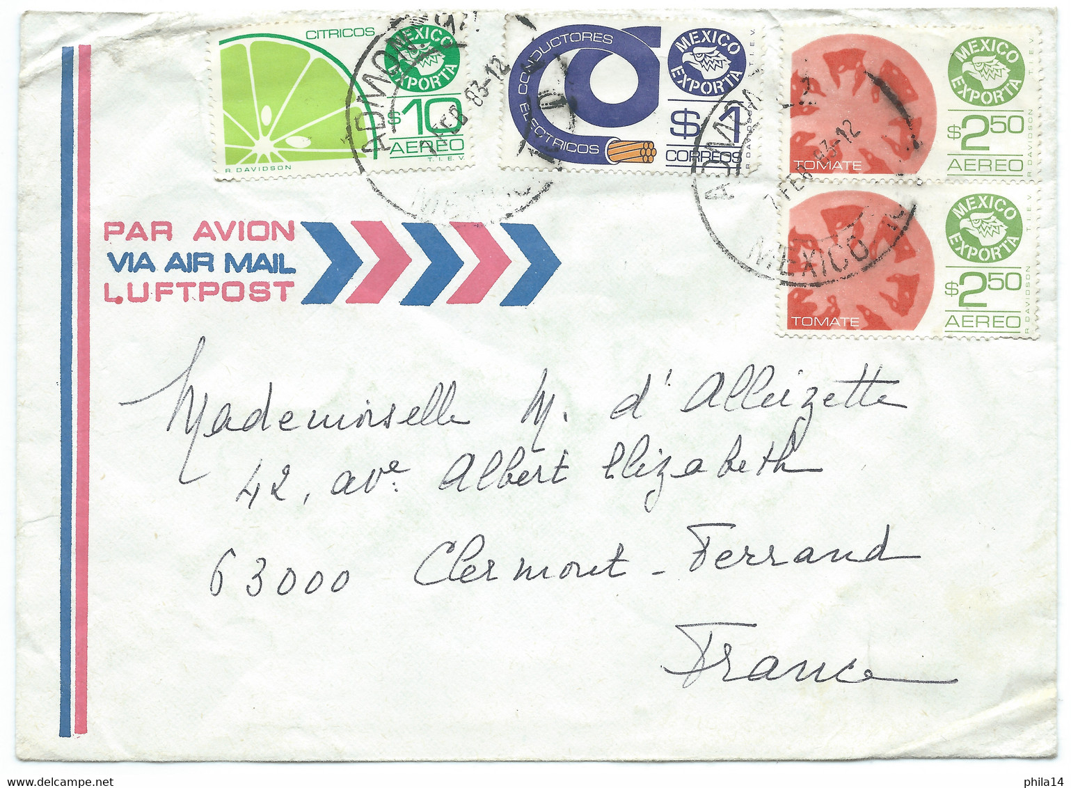 ENVELOPPE MEXIQUE POUR CLERMONT FD FRANCE / 1983 / CITRICOS TOMATE / TECAMACHALCO - Mexique