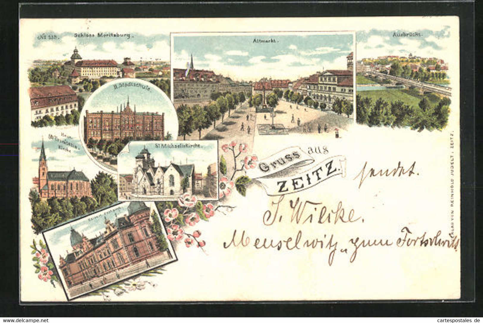 Lithographie Zeitz, Schloss Moritzburg, Altmarkt, Auebrücke, St. Michaelis Kirche - Zeitz