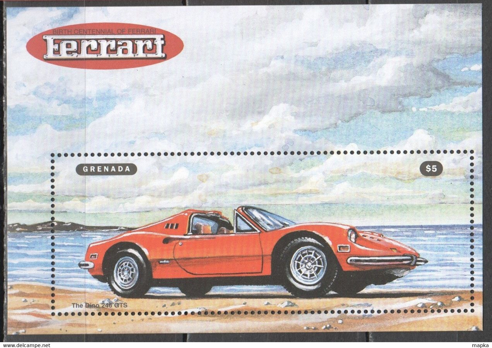 H927 GRENADA TRANSPORT CARS BIRTH CENTENNIAL OF FERRARI THE DINO 245 GTS 1BL MNH - Autos