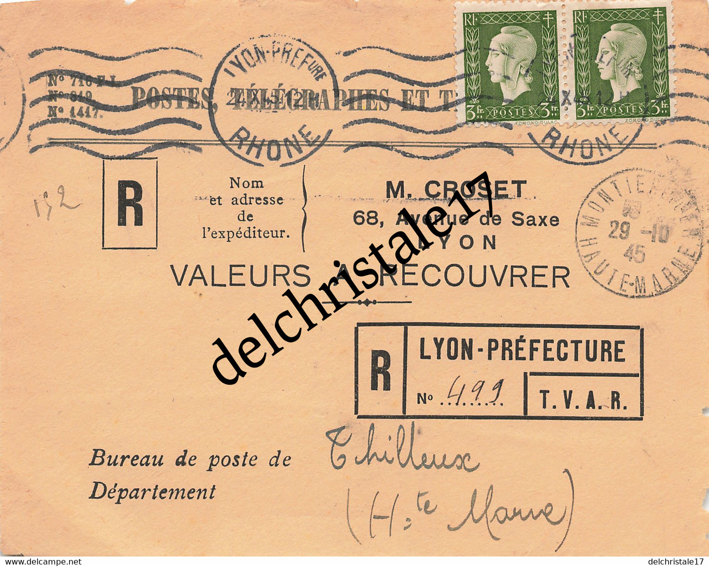 Val 0336 - Bloc De 2 Marianne De Dulac Olive 3f N°694 Sur Valeurs à Recouvrer De 1945 "M. CROSET" à LYON - 1921-1960: Modern Period