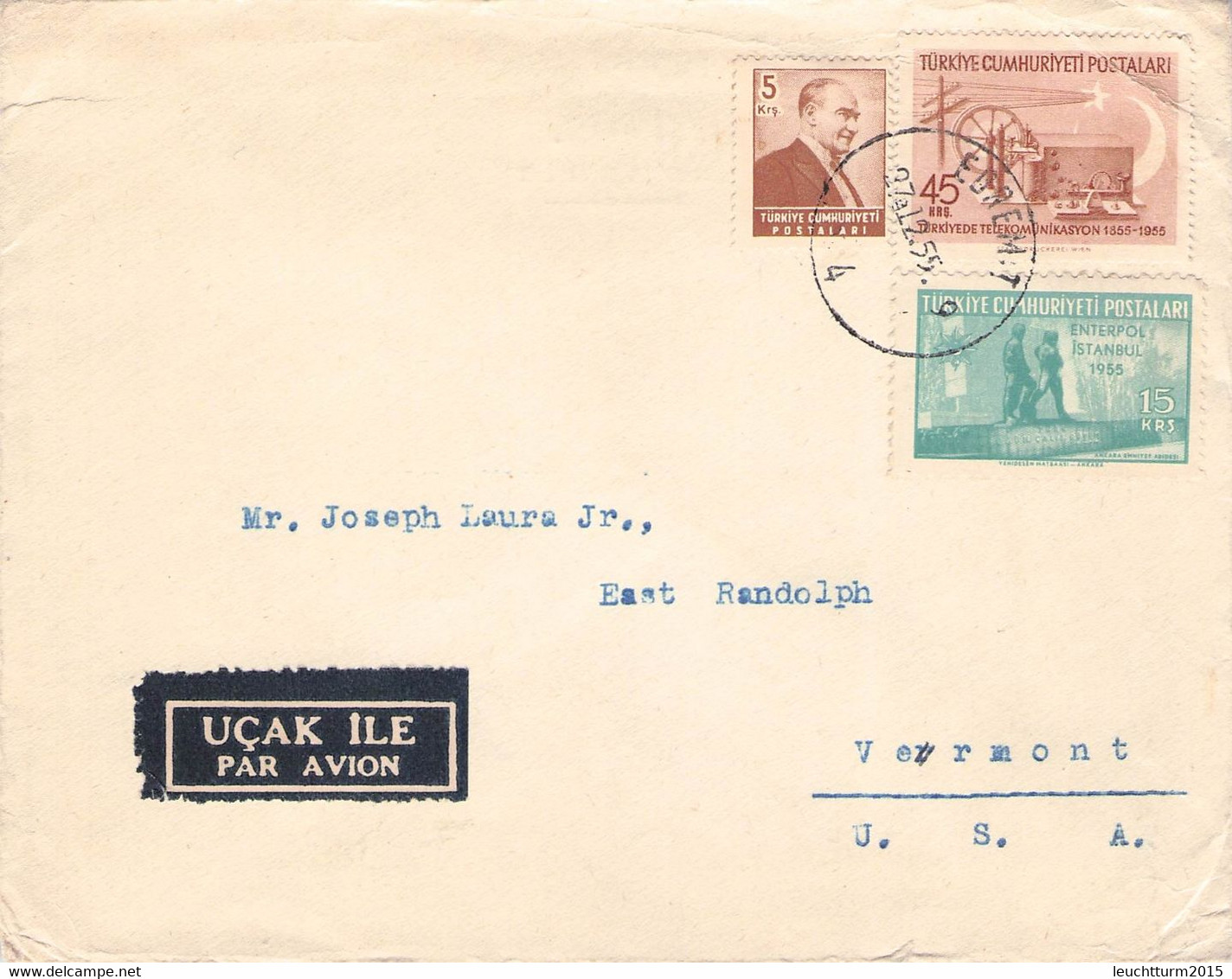 TURKEY - AIRMAIL 1955 EDREMIT > VERMONT /Q370 - Briefe U. Dokumente