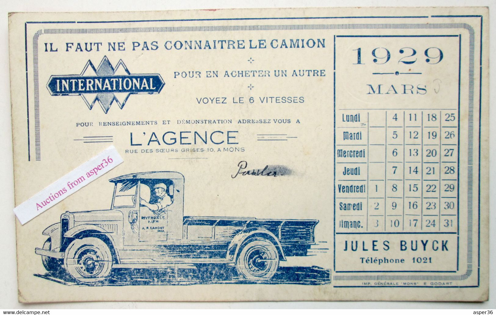 Buvard "Camion Intrnational, Jules Buyck, Rue Des Soeurs Grises, Mons 1929" - Collezioni