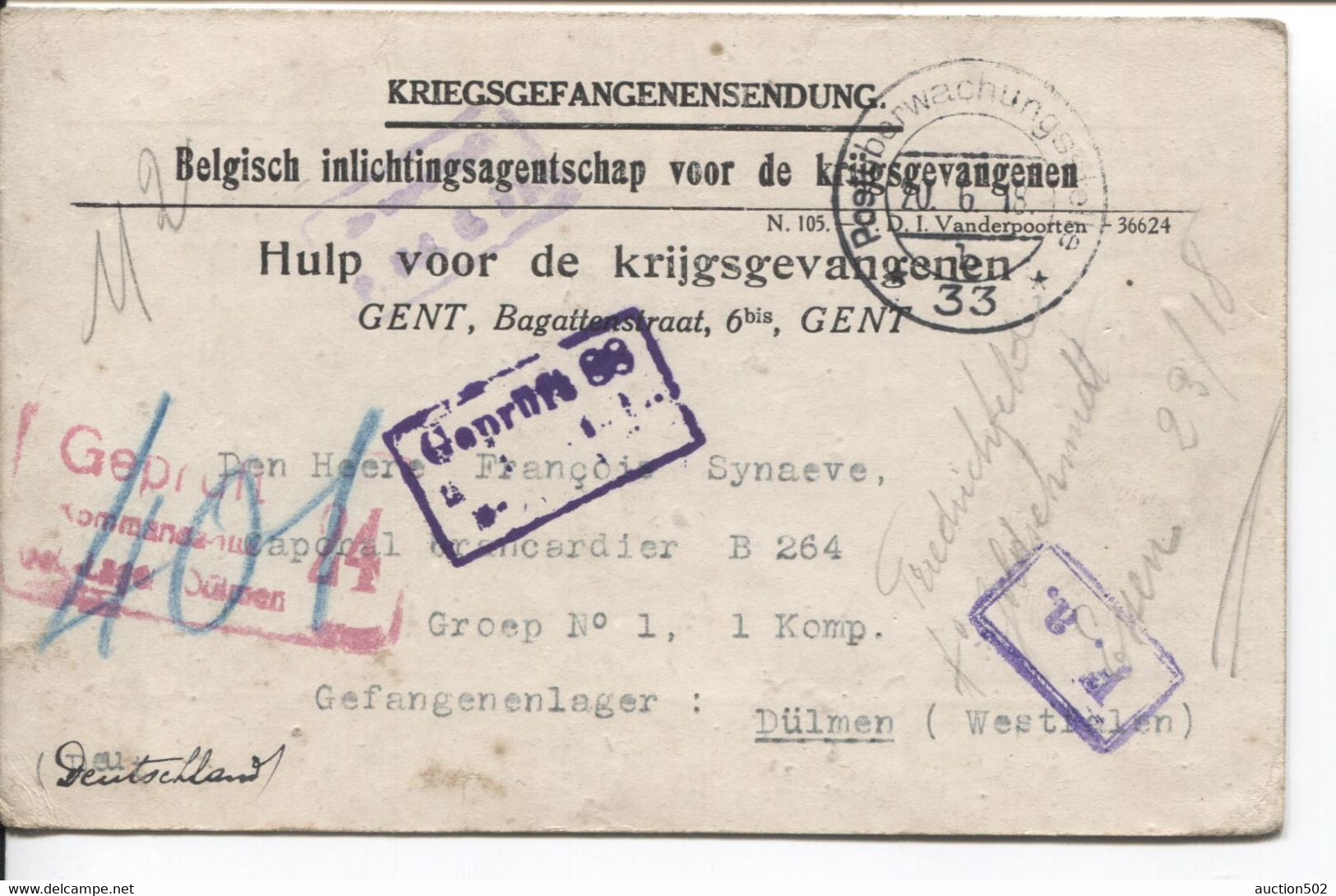 1266PR/ CP-PK PDG-POW 1918 Gent Hulp Voor De Krijsgevangenen > Dülmen Geprüft F.a. - Kriegsgefangenschaft
