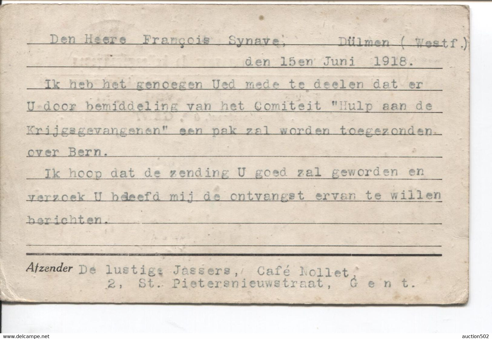 1266PR/ CP-PK PDG-POW 1918 Gent Hulp Voor De Krijsgevangenen > Dülmen Geprüft F.a. - Kriegsgefangenschaft