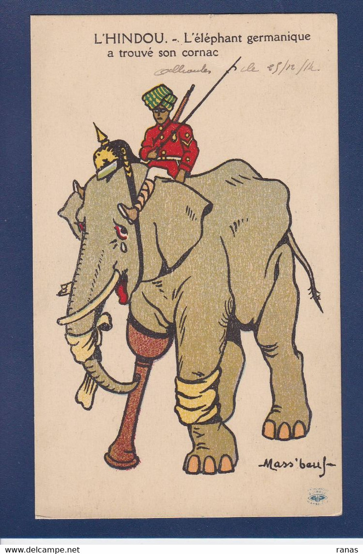 CPA éléphant Par Mass'beuf écrite Inde Hindou WWI Anti Kaiser Germany - Éléphants