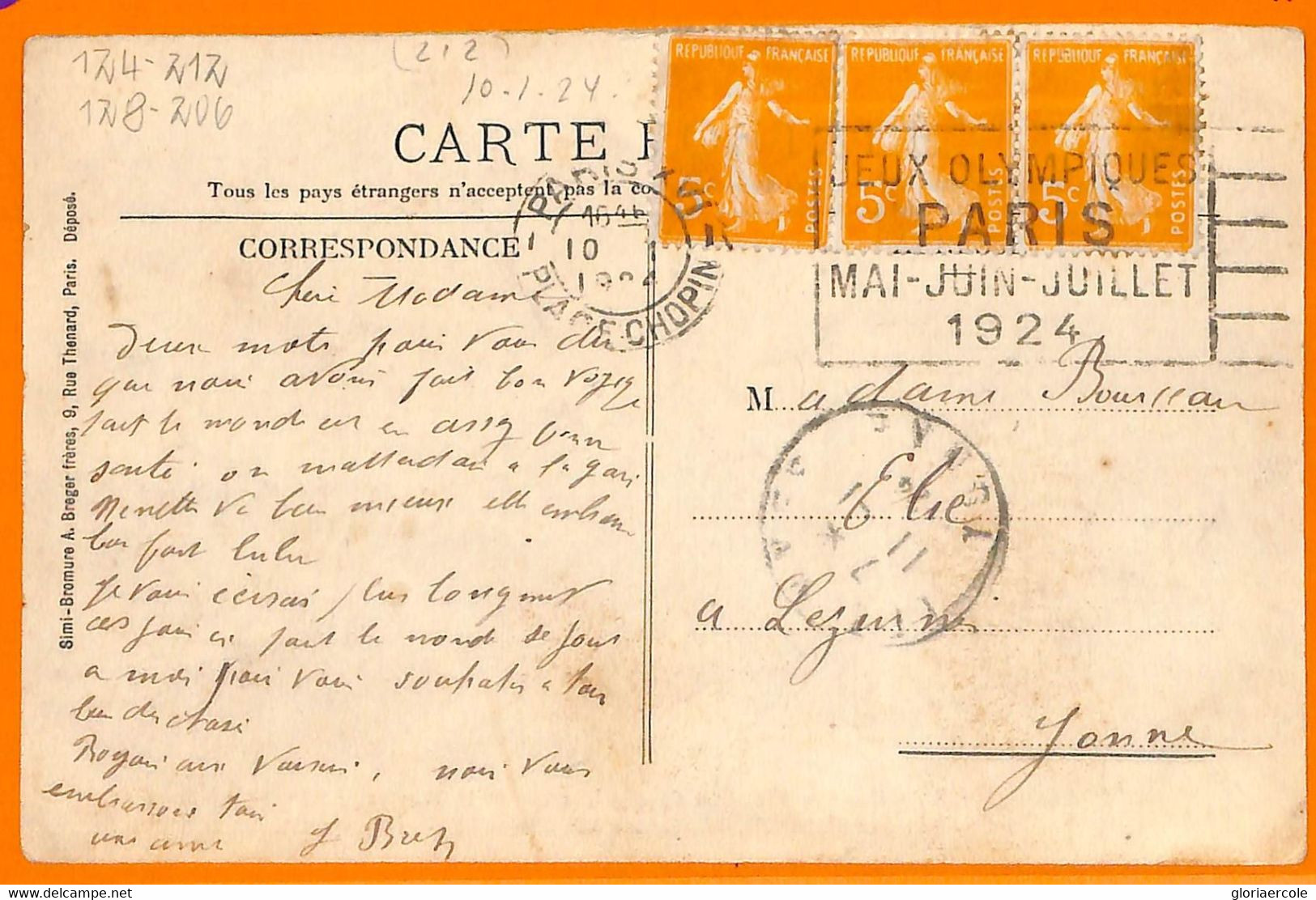 Aa2920 - FRANCE - POSTAL HISTORY - 1924 Olympic Games POSTMARK On Postcard - Verano 1924: Paris