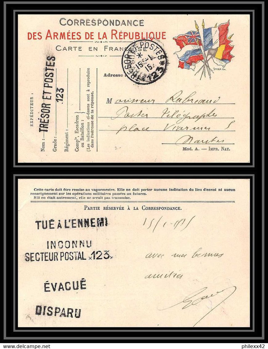 6438/ Lettre (cover) France Guerre 1914/1918 à étudier Trésor Et Postes Carte Militaire Tué à L'ennemi - Guerra De 1914-18