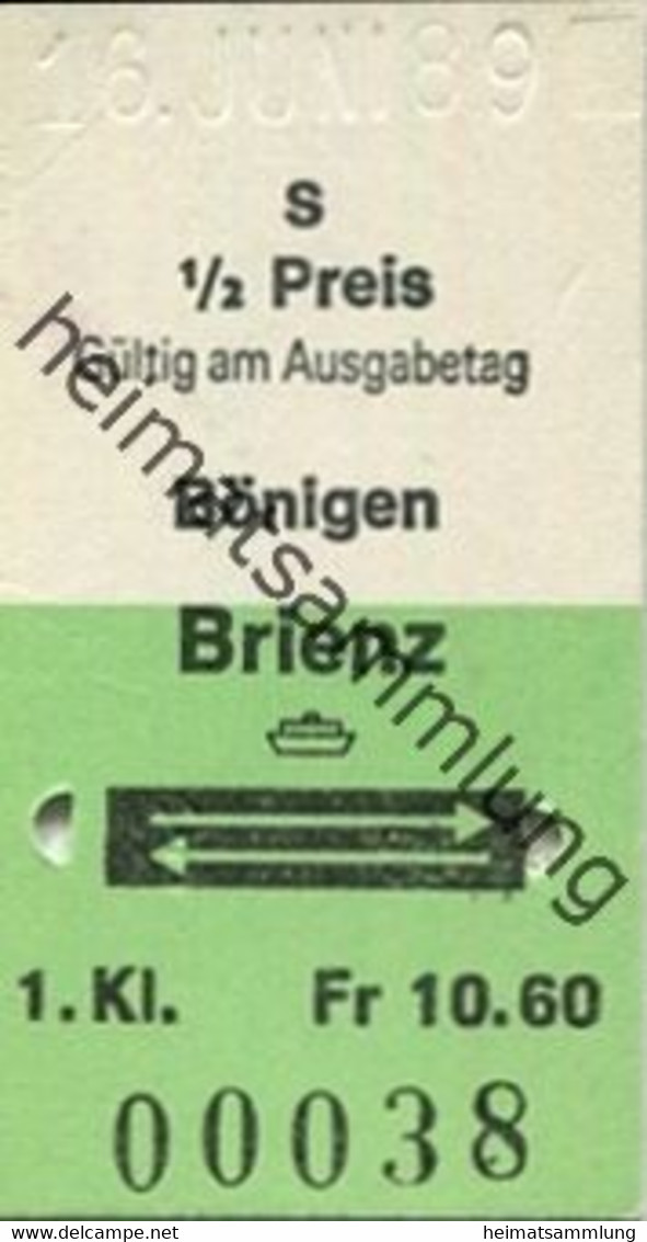 Schweiz - Bönigen Brienz Und Zurück - Fahrkarte 1/2 Preis - Europe