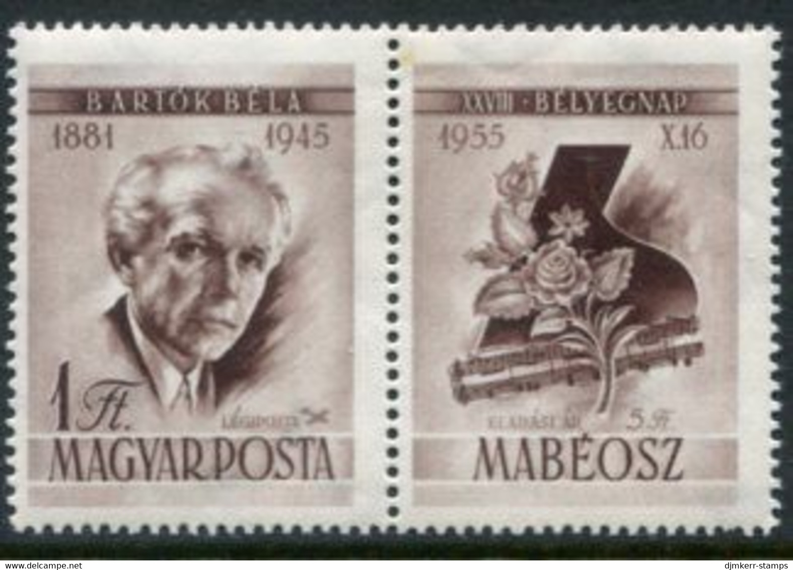 HUNGARY 1955 Stamp Day: Bartok 1 Ft. With Label MNH / **.  Michel 1452 Zf - Nuovi