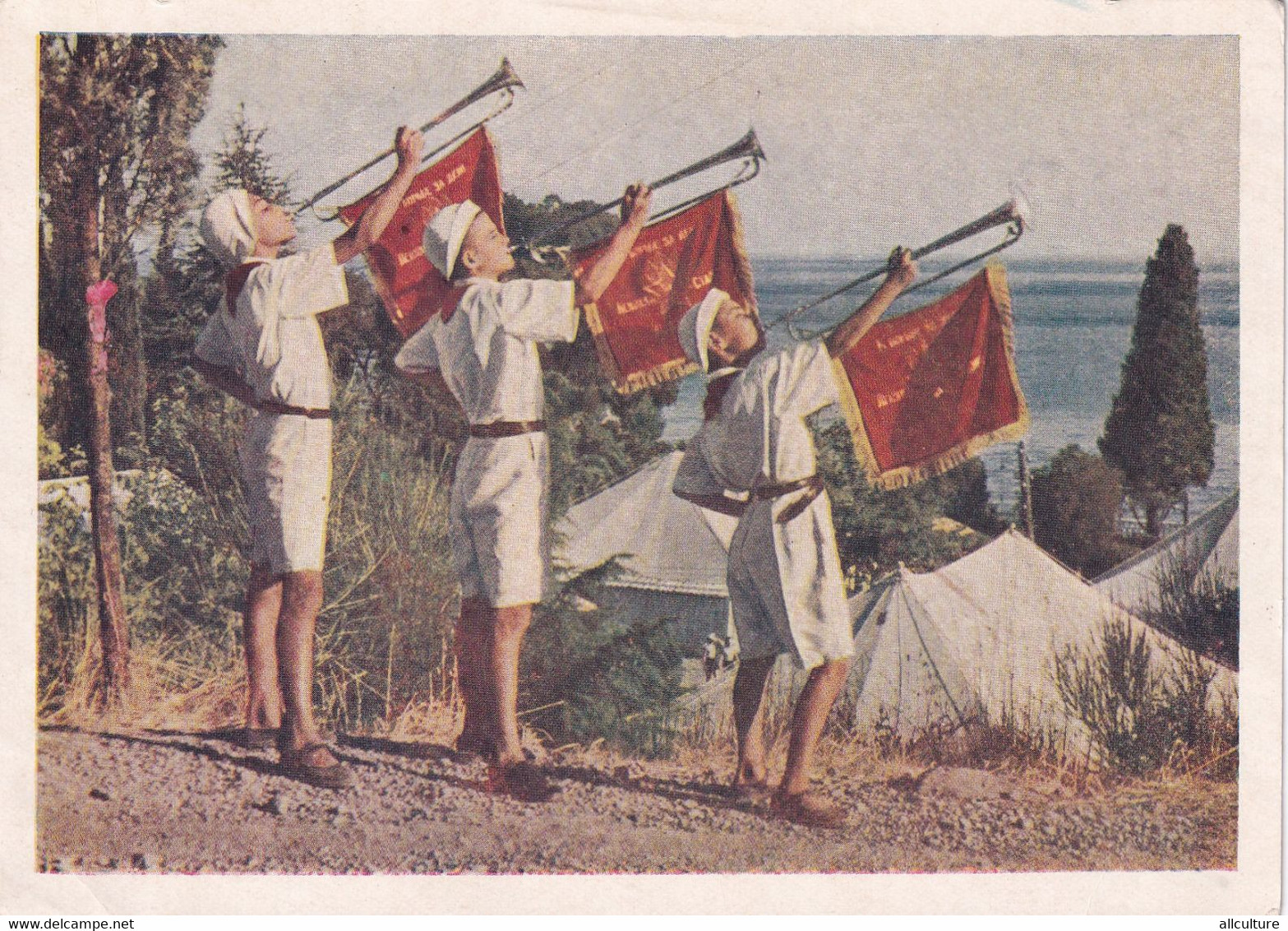 A6230- Fanfare Band, Pioneers Sovietic Uniforms Flags, Children Pioneers, URSS 1955 Stamped Stationery  Postcard - 1950-59