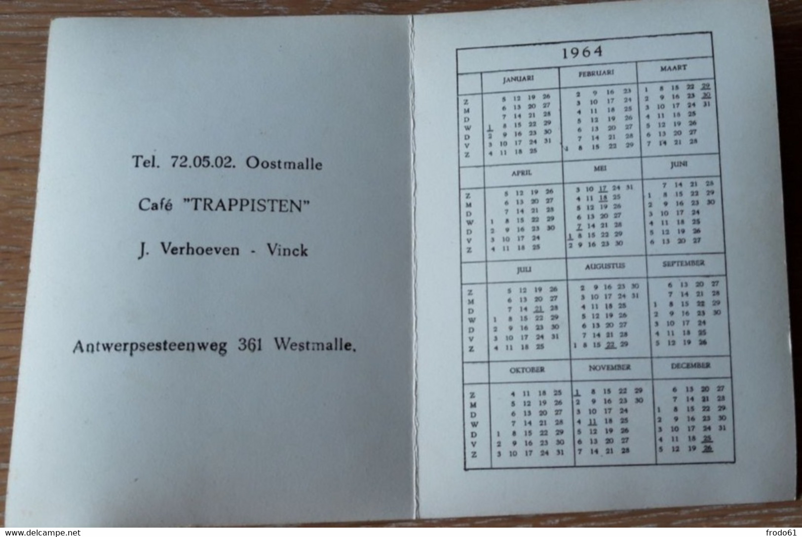 ZAKKALENDER 1964, CAFE TRAPPISEN J. VRHOEVEN-VINK, WESTMALLE - Small : 1961-70