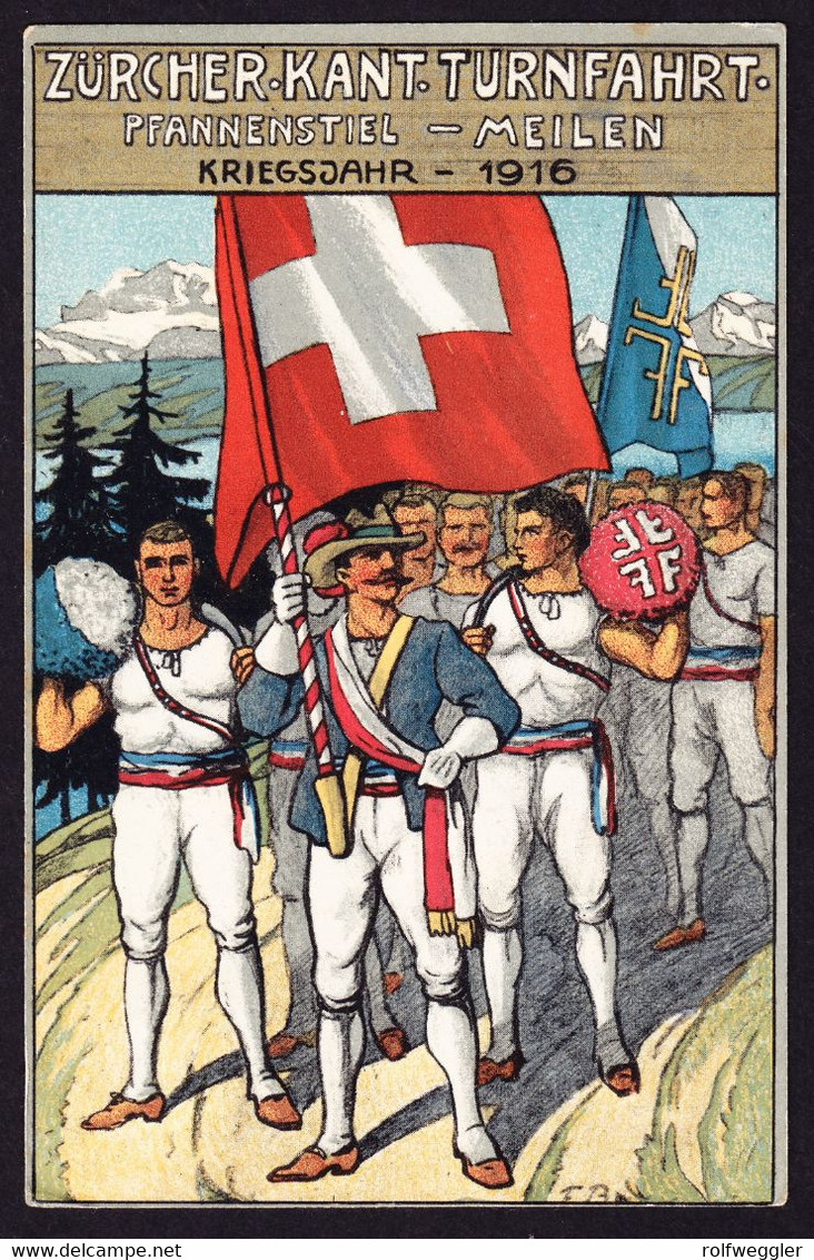 1916 Offizielle Kunstkarte: Zürcher Kant. Turnfahrt, Pfannenstiel-Meilen. Graph. Anstalt H. Vontobel, Meilen - Meilen