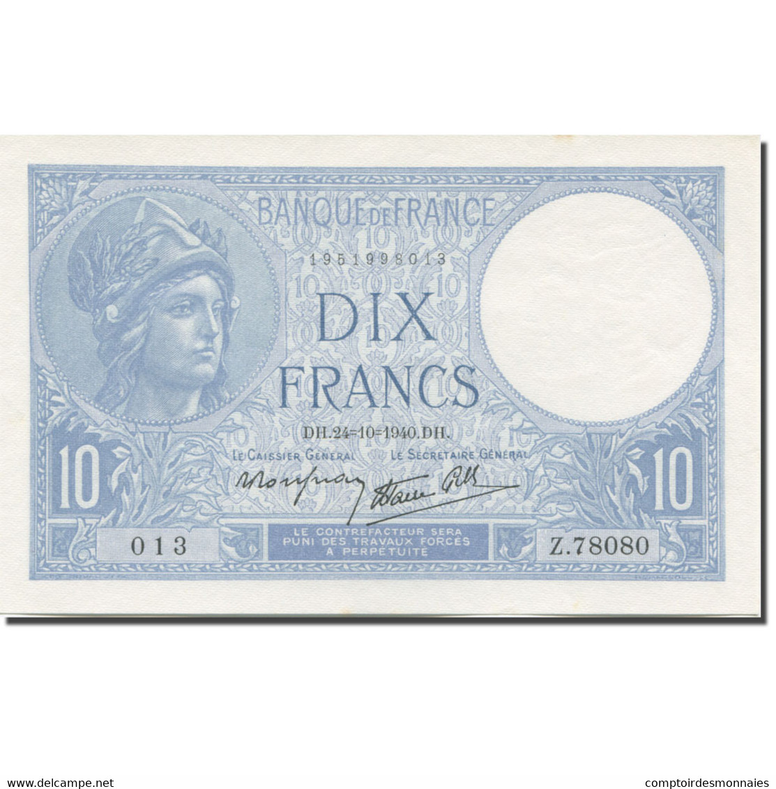 France, 10 Francs, Minerve, 1940, 1940-10-24, NEUF, Fayette:7.18, KM:84 - 10 F 1916-1942 ''Minerve''
