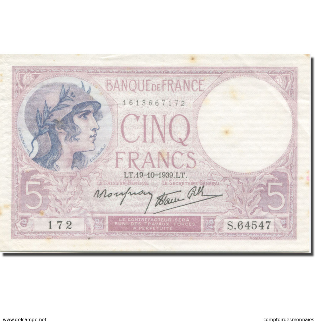 France, 5 Francs, Violet, 1939, 1939-10-19, TTB+, Fayette:4.12, KM:83 - 5 F 1917-1940 ''Violet''