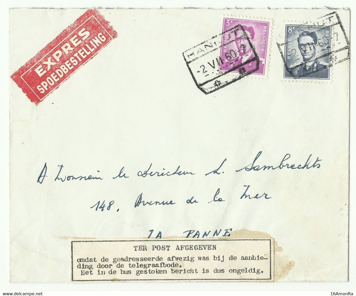 Lettre Exprès Affr; Baudouin Lunettes (marchand) à 11Fr. Obl. Télégraphique HANNUT Du 2-VII-1960 Vers La Panne  + Etique - 1953-1972 Lunettes