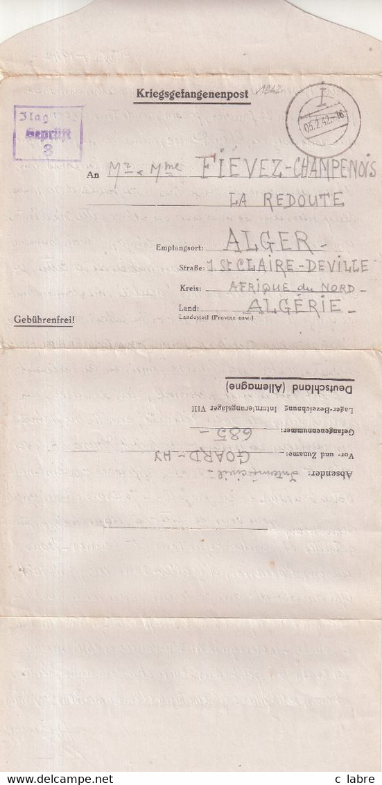 FRANCE : GUERRE . LETTRE . D'UN PG . INTERNE CIVIL . " ILAG VIII " . 1942 . - WW II