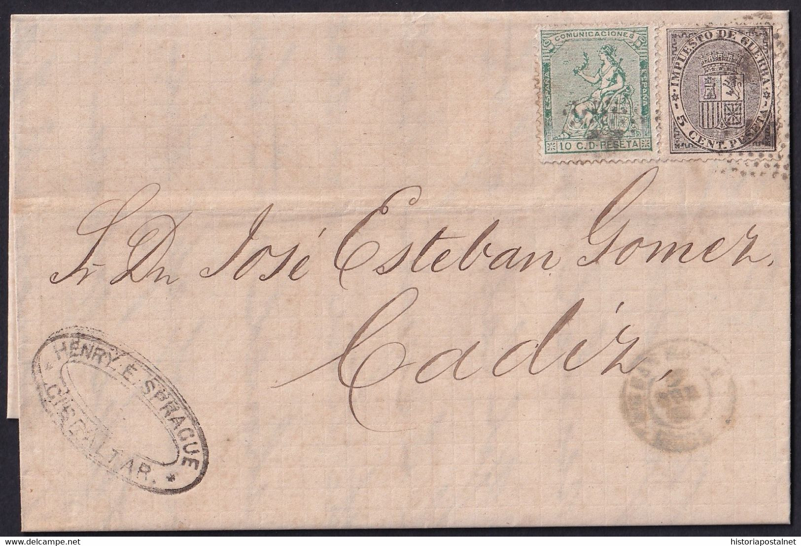 1874. GIBRALTAR A CÁDIZ. 10 CTS. VERDE 5 CTS. IG ED.133 Y 141 MAT. ROMBO PUNTOS. MARCA REMITENTE. MUY RARA. INTERESANTE - Gibraltar