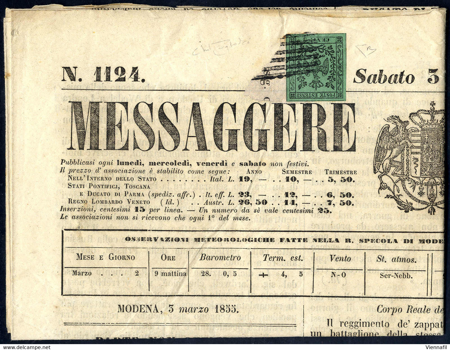 Cover 1855, Giornale "Messaggero Di Modena" Del 3.3. Affrancato Con 5 C. Verde, Certificato Enzo Diena, Sass. 1 / 6000,- - Modena