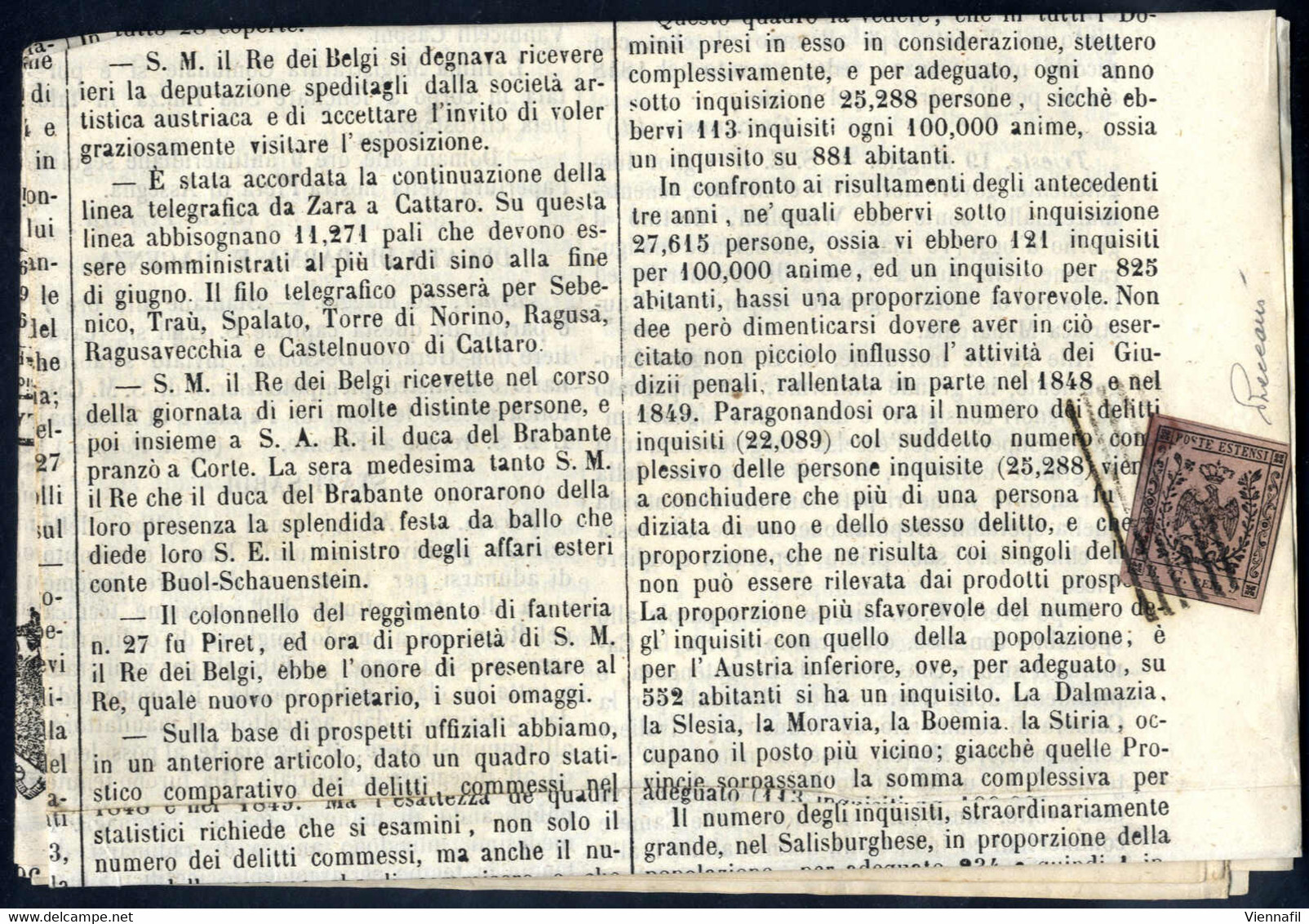 Cover 1853, Giornale Gazzetta Ufficiale Di Milano Del 23.5.1853 Affrancato In Arrivo Con Segnatasse Per Giornali 9 C. "B - Modène