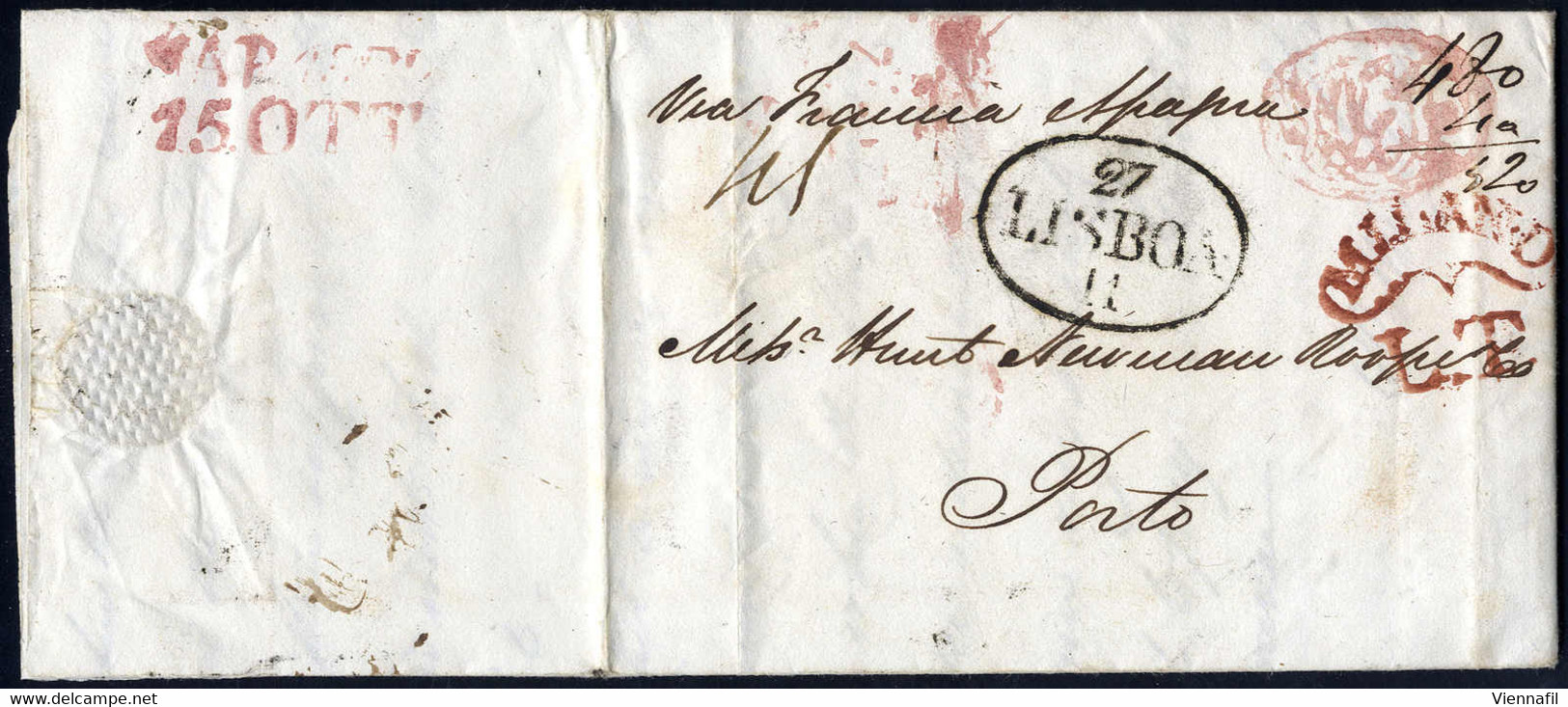 Cover 1822, Lettera Del 15.10.1822 Via Milano Per Porto, Pagata 45 Grana Fino Al Confine Francese E Tassata Per 520 Reis - Nápoles