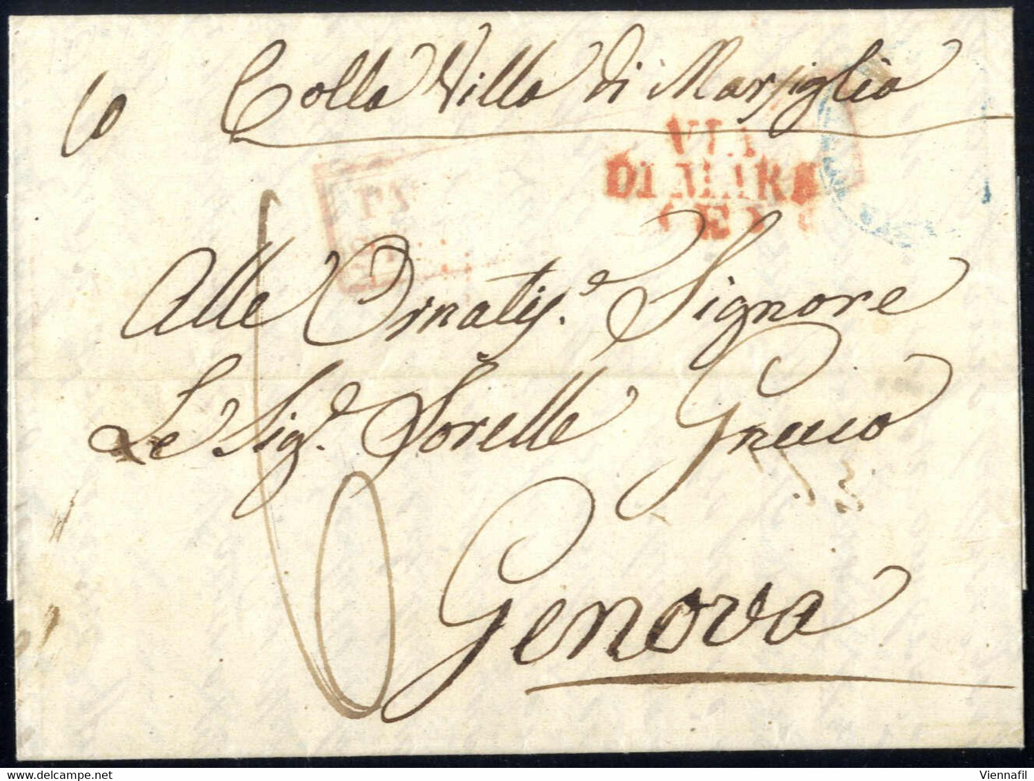 Cover 1849, Lettera Da Napoli Il 17.1 Per Genova Con Bollo Rosso VIA / DI MARE / (E) (estera), Inoltrata Via Mare "Colla - Nápoles