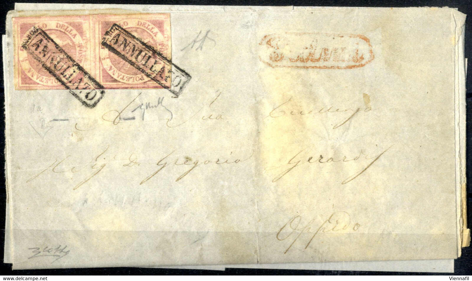 Cover 1858, Lettera Spedita Nell'aprile 1858 Da Palmi A Oppido, Affrancata Con Una Coppia Verticale Del 1/2 Grano I Tavo - Naples