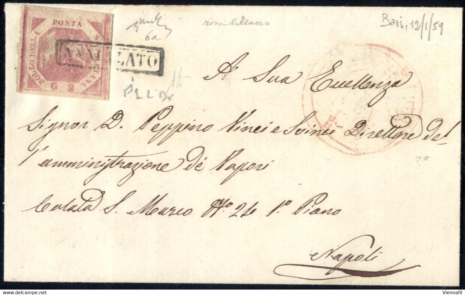 Cover 1859, Lettera Del 12.1.1859 Da Bari A Napoli, Affrancata Con 2 Grana Rosa Lillaceo Con Ampi Margini, "ANNULLATO" P - Naples