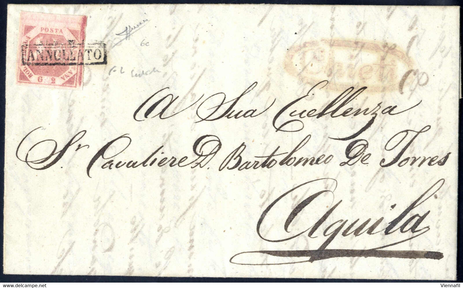 Cover 1858, Lettera Del 28.6.1858 Da Chieti Ad Aquila, Affrancata Con 2 Grana Rosso Mattone, Ampi Margini E Bordo Di Fog - Napels