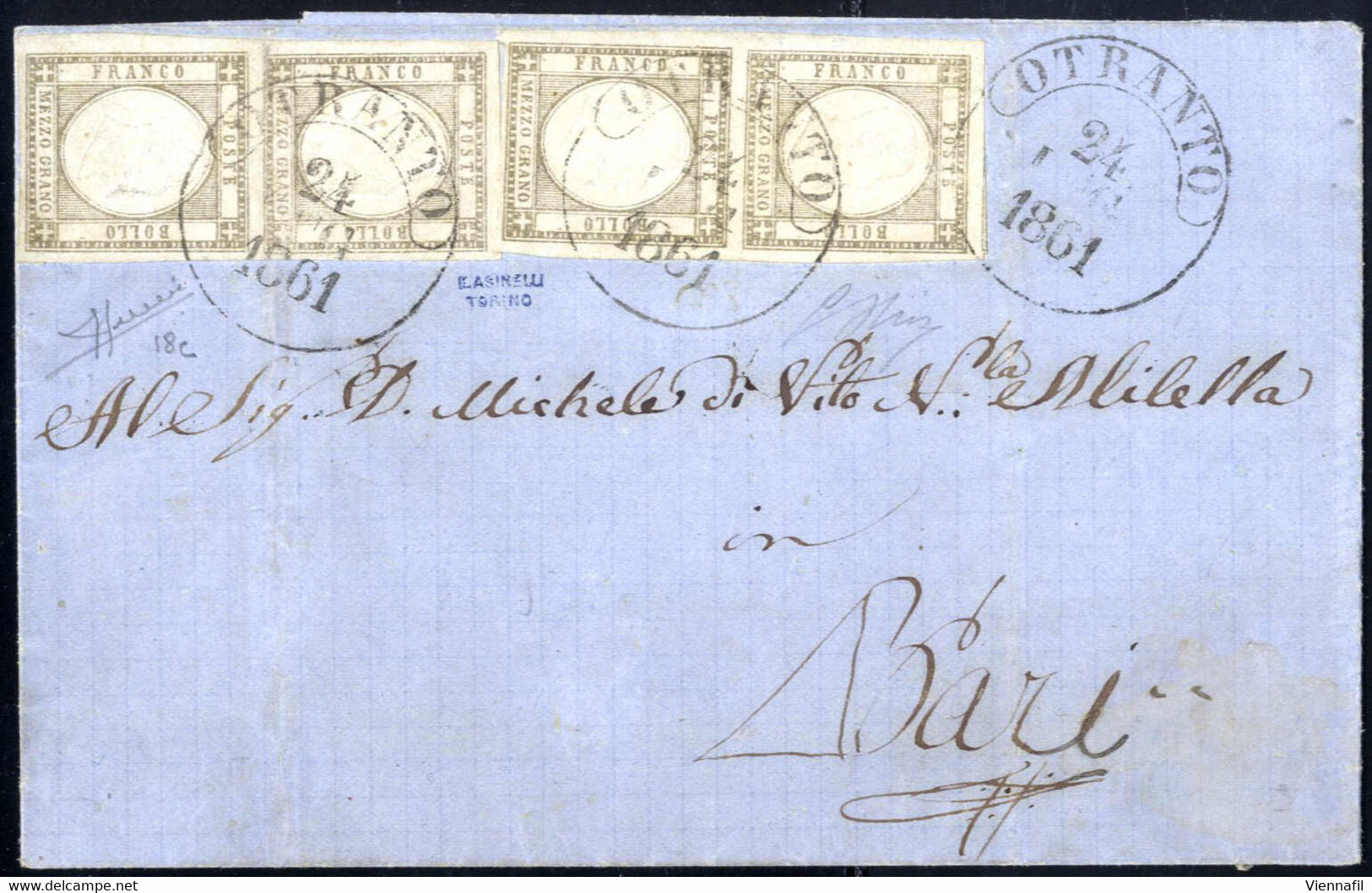 Cover 1861, Lettera Del 24.7.1861 Da Otranto A Bari, Affrancata Con Due Coppie Verticali Del Mezzo Grana, Ampi Margini R - Naples